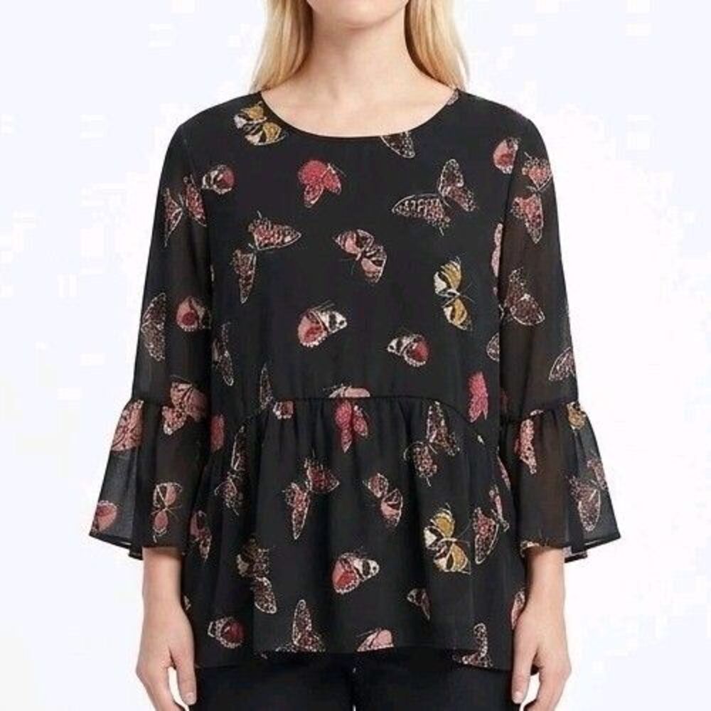 Cupio Womens Top 1X Black BUTTERFLYS Babydoll Empire Waist Bell Slv Boho Fairie